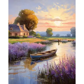Maysurban Malen nach Zahlen Erwachsene Anfänger,DIY Handgemalt Ölgemälde Kits Auf Leinwand,Lavender Riverbank Boat 40 X 50 cm ohne Rahmen