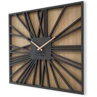 FLEXISTYLE Groß wanduhr quadratisch ohne tickgeräusche Square LOFT Eiche Schwarz 50cm, Wohnzimmer, Schlafzimmer, in EU hergestellt