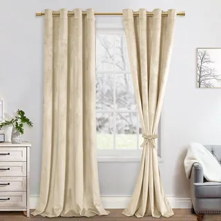 JIUZHEN 2er Set Beige Samt Vorhang weiche Verdunklungsvorhang blickdichte Gardinen Grün Samtvorhang mit Ösen Vorhänge Samt für Deko Schlafzimmer Wohnzimmer, 140x280cm (BxH),Beige