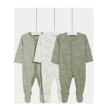 Boys M&S Collection 3pk Pure Cotton Whale & Striped Sleepsuits (5lbs-3 Yrs) - Green Mix, Green Mix - 18-24