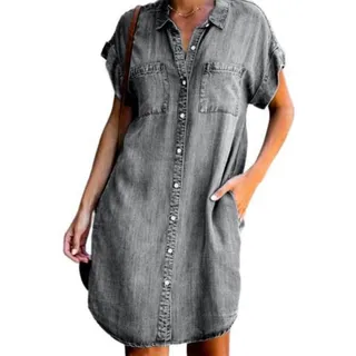 Freizeitkleider Für Damen,Damen-Jeanskleid Vintage-Waschung Verblasst Kurzärmlig Revers Knopfleiste Lässig Lockeres Hemdkleid Mit Tasche Sommer-Jeans-Etuikleid Midi-Kleider Für Damen Und Mädchen
