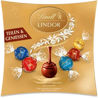 Lindt Schokolade LINDOR Sharing | 250 g | Kugeln mit zartschmelzender Füllung in den Sorten Milch, Feinherb 45 %, Weiß, Salted Caramel und Haselnuss | Schokoladen- | Pralinen-Geschenk