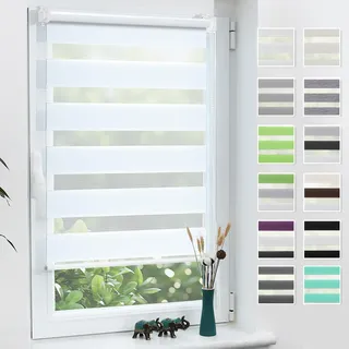 Grandekor Doppelrollo Klemmfix ohne Bohren 40x130 cm(Stoffbreite 40 cm) Weiß Fenster Rollos für innen Klemmrollos Duo Rollos für Fenster ohne Bohren mit Bohren UV-Schutz Privatschutz Zebrarollo