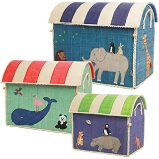 Rice Spielzeugkorb Set mit 3 Körben Tiermotiv 34 x 54 x 44 cm blau