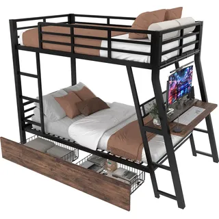 Etagenbett mit LED-Beleuchtung und Schreibtisch, 90x200 cm, Kinderbett mit Rausfallschutz, Metallbett - Schwarz