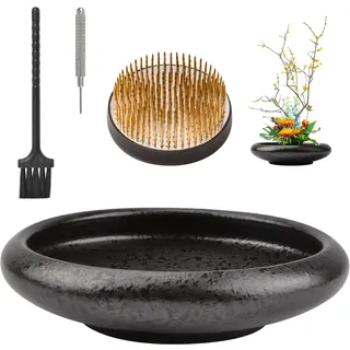 WANDIC Große Keramik-Blumenarrangement-Zubehör, tiefe runde Schale und 7 cm Blumenfrosch für Ikebana, schwarz gepunktete Keramikvase, Blumenarrangement