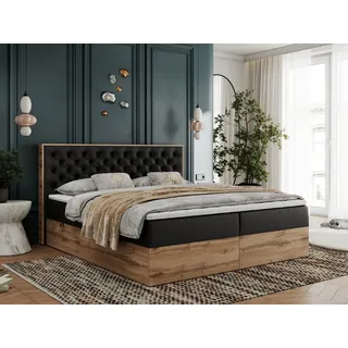 MKS Meble Boxspringbett, Deko, Doppelbett, Polsterbett mit Bettkästen und Multipocket-Matratze, Eiche Wotan holzrahmen - Albero-3 - 200x200cm - Schwarz Kunstleder - H3 - Schwarz