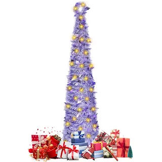 Faltbarer Künstlicher Weihnachtsbaum, 150cm Pop-Up Lametta Weihnachtsbaum mit Beleuchtung, Schmal Weihnachtsbaum mit 50 LED, Bleistift Tannenbaum für Zuhause Wohnung Kamin mit Festdekoration (Lila)