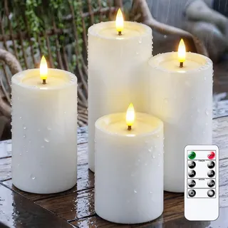 Wroxipel Wasserdichte Flackernde Automatische Tages-Timerfunktion Weiß Plastik Flammlose LED-Kerzen mit Wachsöl, 7,5cm x 10/12,5/15/17,5cm Batteriebetrieb Fernbedienung (4er-Pack)