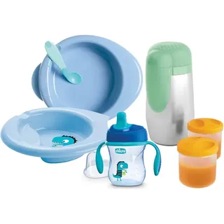 Chicco Baby Geschirr Set, Baby Geschirrset für Essen und Babynahrung, bestehend aus Tasse Training Cup, Erster Löffel, Teller, Babynahrung Teller und thermischer Speisenhalter, 6 M +, Blau