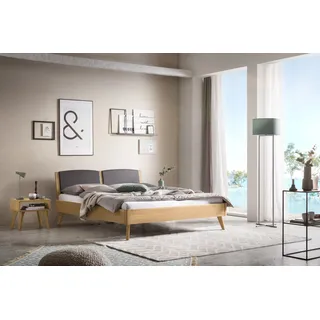 Hasena Massivholzbett, Kopfteil gepolstert Mareto, Farbe: Eiche bright, geölt, Bezugsfarbe: Kul smoke, verschiedene Größen - 25 cm/140 x 210 cm