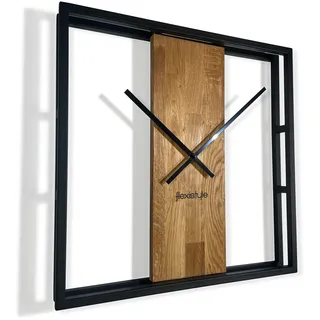 FLEXISTYLE Wanduhr groß quadratisch LOFT Square Metall Holz 3D 50cm Durchmesser Schwarz