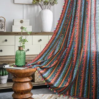 Freyamy Vorhang 160x150cm Boho Bunt Grün Baumwolle Leinen Landhausstil Vintage Vertikale Streifen Blickdicht Gardinen mit Beige Quasten 2er Set Geometrisch Makramee Verdunklungsvorhänge Bauernhaus