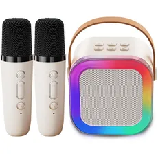 Genround Karaoke Maschine mit 2 Mikrofonen, Bluetooth Lautsprecher mit Gesangsentferner, 3 LED-Lichtmodi, Sprachwechse, Bluetooth Mikrofon für Kinder Erwachsene, Jungen Mädchen Geschenke (Beige)