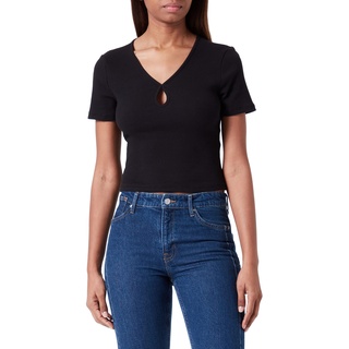 Noisy May Damen Kurzes RIPP Oberteil Slim Fit T-Shirt mit Cut-Out V-Ausschnitt Kurzarm Top NMMAYA, Farben:Schwarz-2, Größe:M