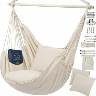 Hängesessel Outdoor Komplettset mit 2 Kissen & Montagezubehör, Hängesessel Outdoor für Balkon, Garten & Indoor, Bequem zum Lesen & Entspannen - Weiß