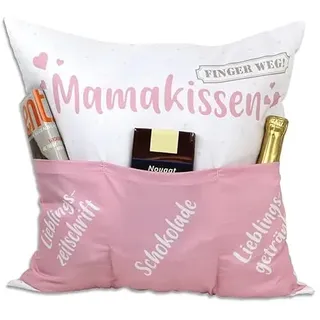 KAMACA Mamakissen Dekokissen mit Füllung Geschenk für Mama Frauen Freundinnen 43x43 cm Kuschelkissen mit 3 Taschen und Spruch für Sofa Couch Muttertag Mädelsabend und mehr (Mamakissen)