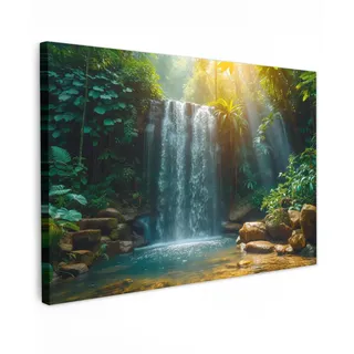 MuchoWow Leinwandbild Wasserfall - Dschungel - Sonne - Grün - Natur Wanddeko 90x60 cm , Textil , Rechteckig , 90x60 cm , FSC 100% , gerahmt , Bilder & Rahmen, Bilder, Leinwandbilder