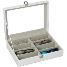 Bild Brillenbox für 8 Brillen, Aufbewahrung Sonnenbrillen, HBT 8,5 x 33,5 x 24,5 cm, Kunstleder Brillenkoffer, weiß