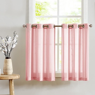 TOPICK Voile Scheibengardinen mit Ösen Transparent Bistrogardine Landhaus Streifen Küchenvorhang Gestreift Küchengardinen Paarig für Badezimmer Klein Fenster Dekor 90x90cm(BxH) Rosa 2er Set