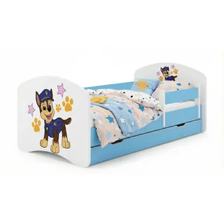 1x Happy Babies Kinderbett mit Rausfallschutz Junge 140x70 Bett für Kinderzimmer mit Schublade Matratze Einzelbett für Kinder Weiß Blau Hundemotiv - Blau