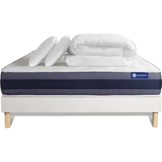 Komplettpaket Bett - Matratze 180x200 cm + Boxspringbett mit Lattenrost (im Set) + 2 Kopfkissen + Bettdecke - Actiflex Morpho - Weiß