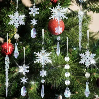MSQ 18 Stück Christbaumschmuck Schneeflocken Eiszapfen Anhänge Acryl Weihnachtsbaum Kristall Dekorationen Ornamente Hängende Acryl Schneeflocke für Neujahr Party Deko (Bunt)