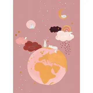 Rasch Tapeten 557572 - Fototapete auf Vlies mit einer Erdkugel, Wolken und Tieren in Rosa und Weiß aus der Kollektion Onszelf Stories - 2,80 m x 2,00 m (LxB)