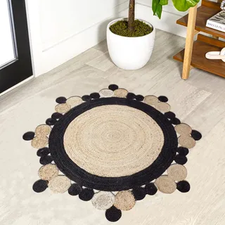 CASAVANI Kelim-Teppich mit Blumenmuster, rund, Beige und Schwarz, handgeflochtener Teppich, Juteteppich, für drinnen und draußen, Flachgewebe-Teppich, stark frequentierte Bereiche, kleines