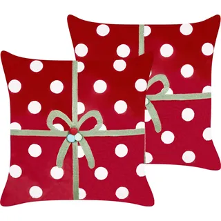 BELIANI Dekokissen 2er Set Rot Samtbezug mit Füllung 45x45 cm Weihnachtsmotiv Geschenk-Optik Gepunktet Bestickt Wohnzimmer Schlafzimmer Deko Sofakissen - Rot, Weiß, Grün