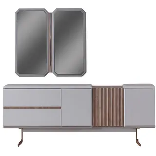 Exclusive Esszimmer Sideboard 2x Spiegel Stil Kommode 210cm Holz 3tlg JVmoebel - Weiß