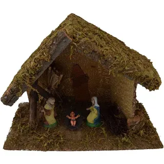 Viscio Trading 121433 Krippe mit Krippenfiguren, 3 Stück, mit Reisig auf Basis, Holz, 36x16x26 cm, Braun