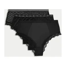 Womens M&S Collection 3pk Lace & Mesh High Waisted Brazilian Knickers - Black, Black - 14