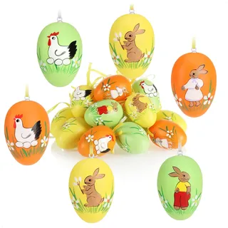 com-four® 18x Ostereier zum Aufhängen 6 cm - Osterdeko mit tollen Motiven - Deko Ostereier - Hängedeko für den Osterstrauß (Hase/Huhn - 01)