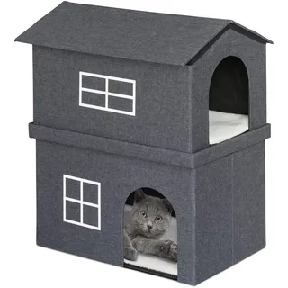 Relaxdays Katzenhaus aus Stoff, Katzenhöhle mit 2 Eingängen, HxBxT: 71,5 x 62,5 x 44 cm, Faltbare Tierhöhle, dunkelgrau