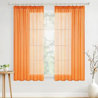 MIULEE Gardinen Vorhänge mit Kräuselband Vorhang Transparente Gardine aus Einfarbig Transparent Sheer Voile Wohnzimmer Luftig Dekoschal für Schlafzimmer 2er Set 145 x 140cm (H x B) Orange