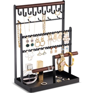 ProCase Schmuckständer Schmuckhalter für Ohrring Ohrstecker Ketten Schmuck Organizer Jewelry Ständer mit 15 Haken, 40 Löcher Ohrringhalter Schmuckaufbewahrung für Halsketten Armbänder Ringe -Schwarz