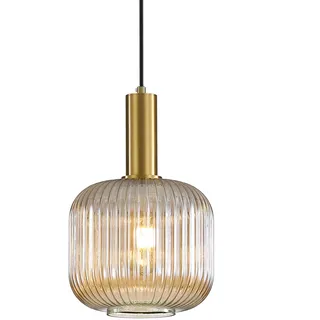HJXDtech Moderne Vintage Glas Lampenschirm Hängeleuchten & Pendelleuchten, E27 Gold Lampenfassung, Hängelampe einflammig für Küche, Esstisch, Schlafzimmer und Wohnzimmer (Bernstein, 20cm)