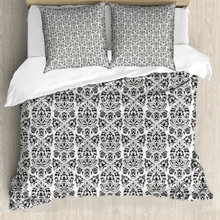 ABAKUHAUS Blume Bettbezug, Floral Paisley Oriental, Milbensicher Allergiker geeignet mit Kissenbezügen, 200 cm x 200 cm - 80 x 80 cm, Schwarz-Weiss - Schwarz