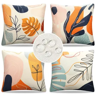 Kissenbezug 45x45 4er Set Boho Abstrakt Blätter Outdoor Kissen Sofakissen Dekokissen Kissenhülle Frühling Sommer Wasserfest Leinen Kissenbezüge für Sofa Schlafzimmer Wohnzimmer Zuhause Dekoration