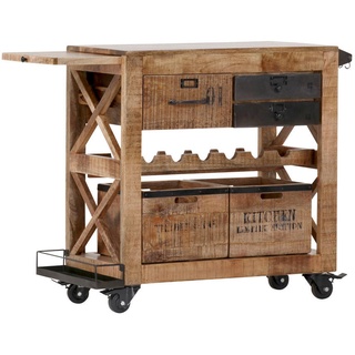 Carryhome Barwagen , Braun, Schwarz , Holz, Metall , Mangoholz , massiv , 3 Schubladen , 97x85x43 cm , Flaschenfach, ausziehbar , Esszimmer, Servierwagen