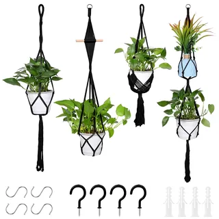 Zorplex 4 Stück Fransen Makramee Blumenampel Hängend Innen, Boho Blumenampel Hängend mit Haken, Handgewebter Blumentopfhalter für Zimmerdeko, Balkon, Fenster und Gartendekoration (Schwarz)