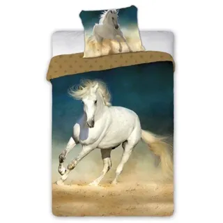 Bettwäsche, 100% Baumwolle, Jugend, Tiere 140x200cm Pferd 001 - Weiß