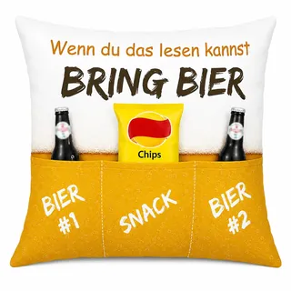 KAMACA Bierkissen mit 3 Taschen 43x43 cm – Flauschig gefülltes Kissen mit Spruch „Bring Bier“ – Lustiges Männer Geschenk für Vatertag, Junggesellenabschied, Geburtstag, Freunde & Gamer