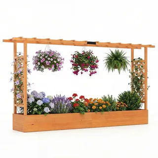 FANTASK 2-in-1 Hochbeet mit Spalier, Blumenkasten mit Rankhilfe & hängendem Dach, Pflanzkübel für Kletterpflanzen, hängende Körbe, Pflanzkasten für Garten, Hof Terrasse (Orange, 220x35x114 cm)