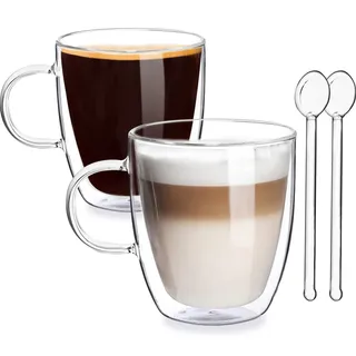 Joeyan Doppelwandige Gläser 2er Set - 400ml Thermoglas mit Henkel - Borosilikatglas Kaffeeglas mit Glaslöffel für Latte, Cappuccino, Milch, Tee, Saft,Eis