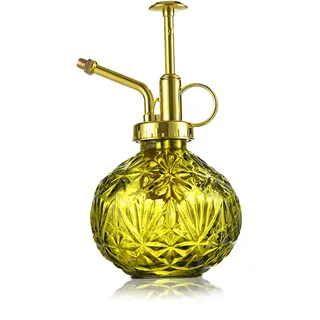 KoGiio Pflanzen Glas Sprühflasche, 240ml Retro Relief Pflanzensprüher mit Pumpe, Blumen Zerstäuber Drucksprüher für Balkon Kleiner Gartenpflanzen Indoor Haus Oder Büro Gelb Grün + Goldener Sprühkopf