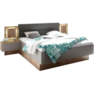 Stella Trading Stilvolle Doppelbett Bettanlage mit LED-Beleuchtung 180 x 200 cm - Schlafzimmer Komplett-Set in Wildeiche-Optik, Basaltgrau - 305 x 96 x 205 cm (B/H/T)