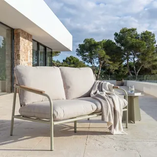 Aluminium-Gartenbank HWC-O11, Outdoor 2-Sitzer Sitzbank Sofa, Olefin Stoff (205 g/m2) 125cm  hellgrün Polster beige - Grün