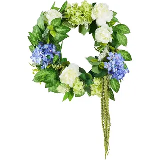 Künstlicher Dekokranz 23 in Blau, Weiß und Grün mit Hortensien und Rosen - Blau, Weiß, Grün